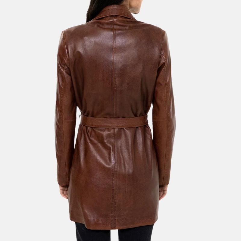Womens Leather Belted 3/4 Length Brown Trench Coat - Image 4