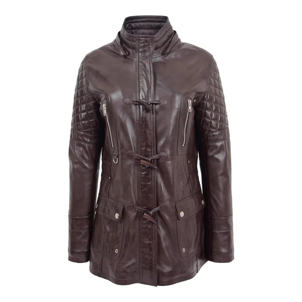 Women’s Ariel Brown Sheepskin Leather Duffle Coat with Removable Sherpa Hood - Image 3