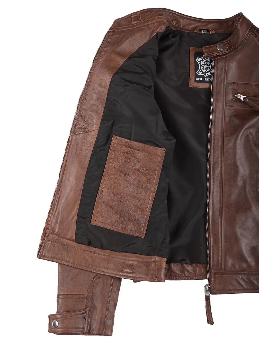 Women's Cognac Brown Leather Cafe Racer Jacket - Image 6
