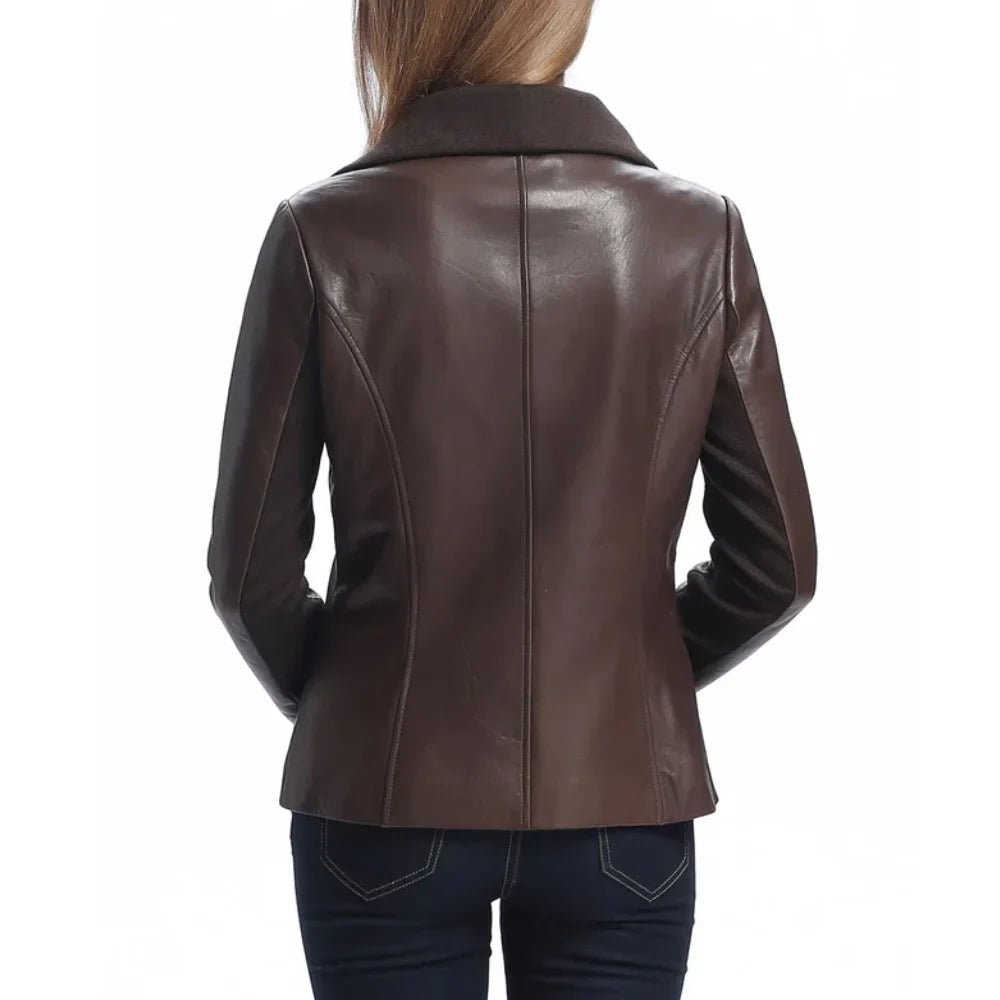 Women's Brown Wool and Leather Drape Collar Jacket - Image 7