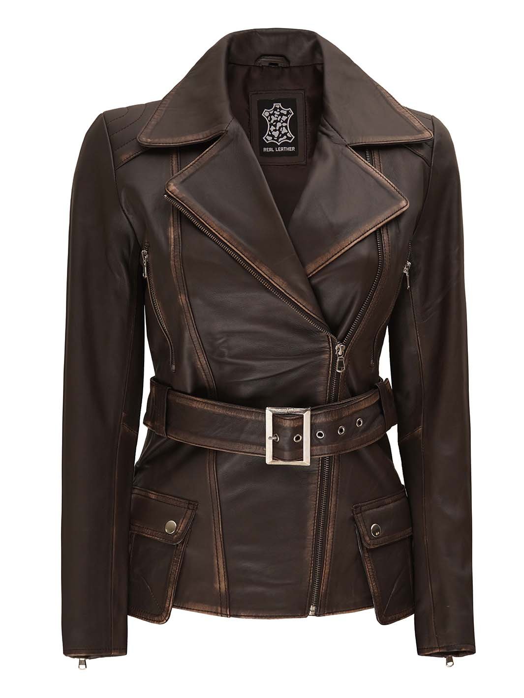 Women's Distressed Brown Asymmetrical Leather Biker Style Jacket - Image 3