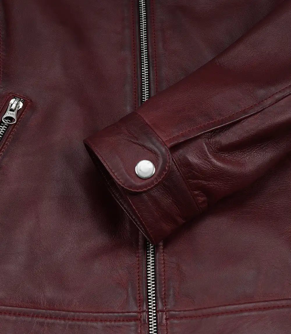 Women's Burgundy Wax Lambskin Cafe Racer Jacket - Image 6