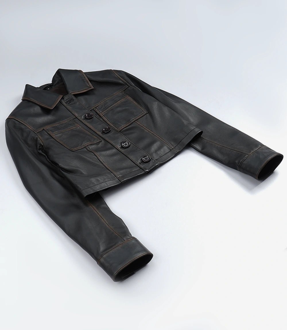 Women's Dark Brown Cropped Harrington Leather Jacket - Image 6