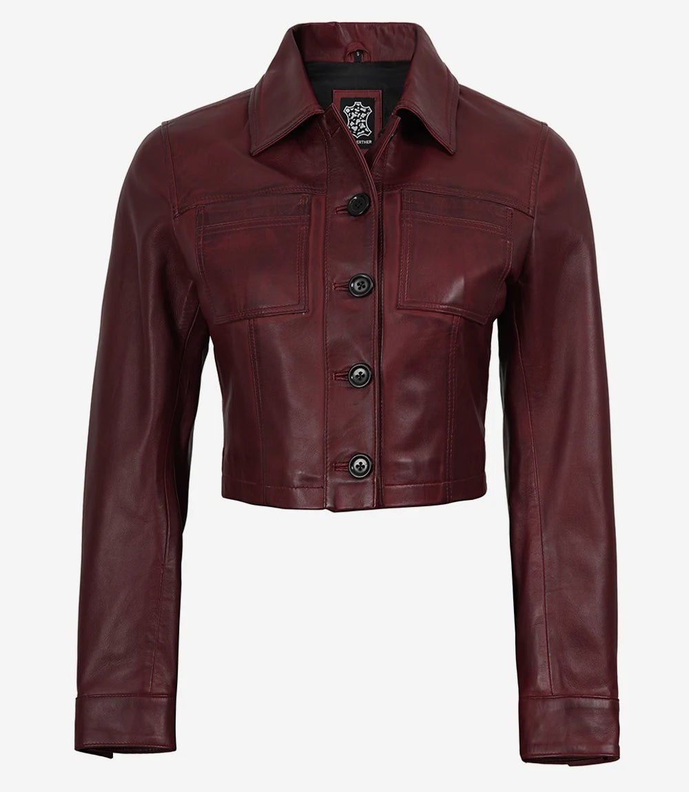 Women's Burgundy Wax Cropped Harrington Leather Jacket - Image 3