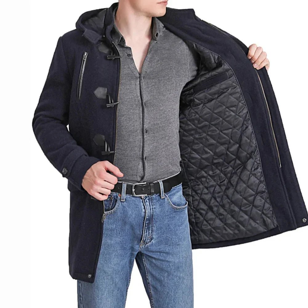Men's Navy Blue Wool Blend Duffle Coat - Image 4
