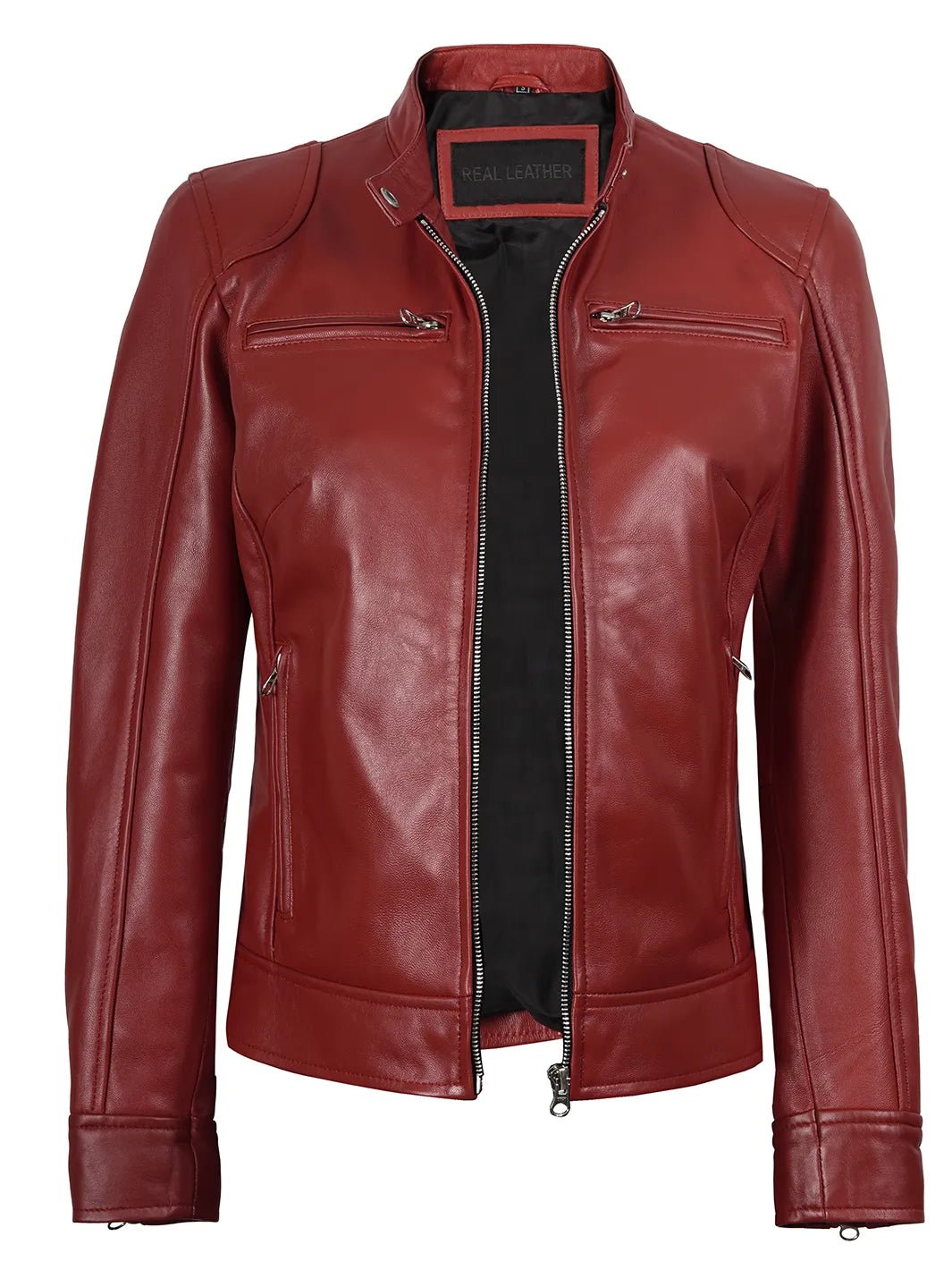 Women’s Red Lambskin Leather Cafe Racer Jacket - Image 3