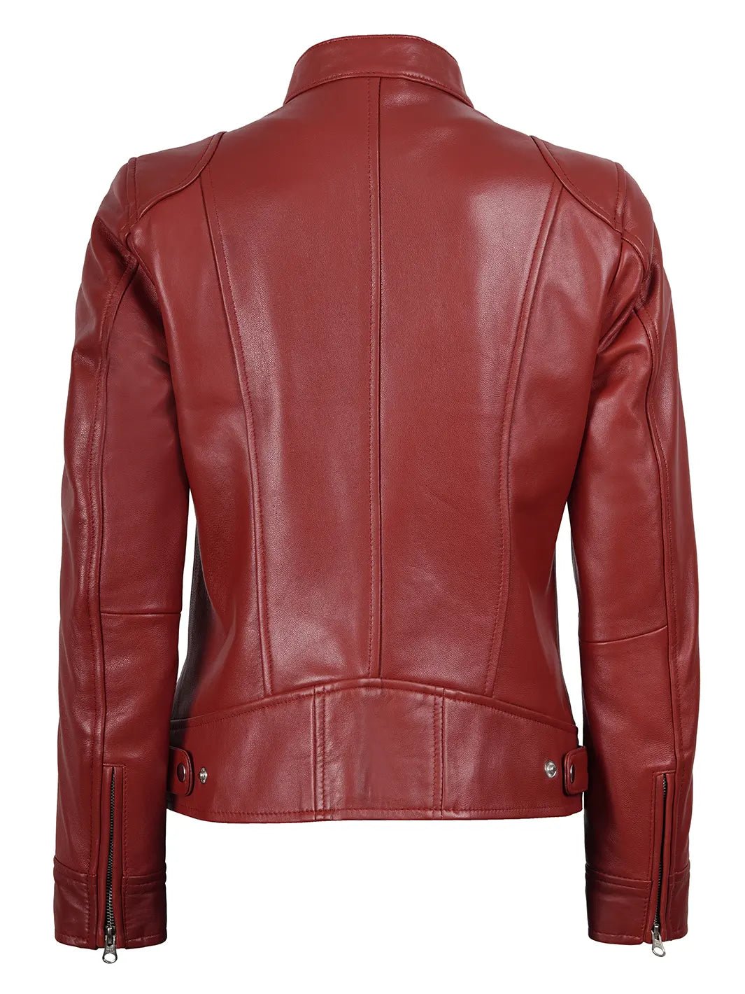 Women’s Red Lambskin Leather Cafe Racer Jacket - Image 4
