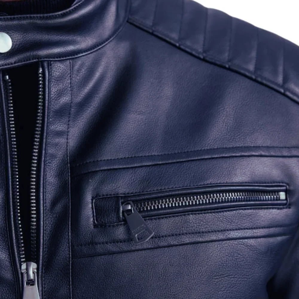 Men’s Tall Electric Blue Quilted Leather Cafe Racer Jacket - Image 2