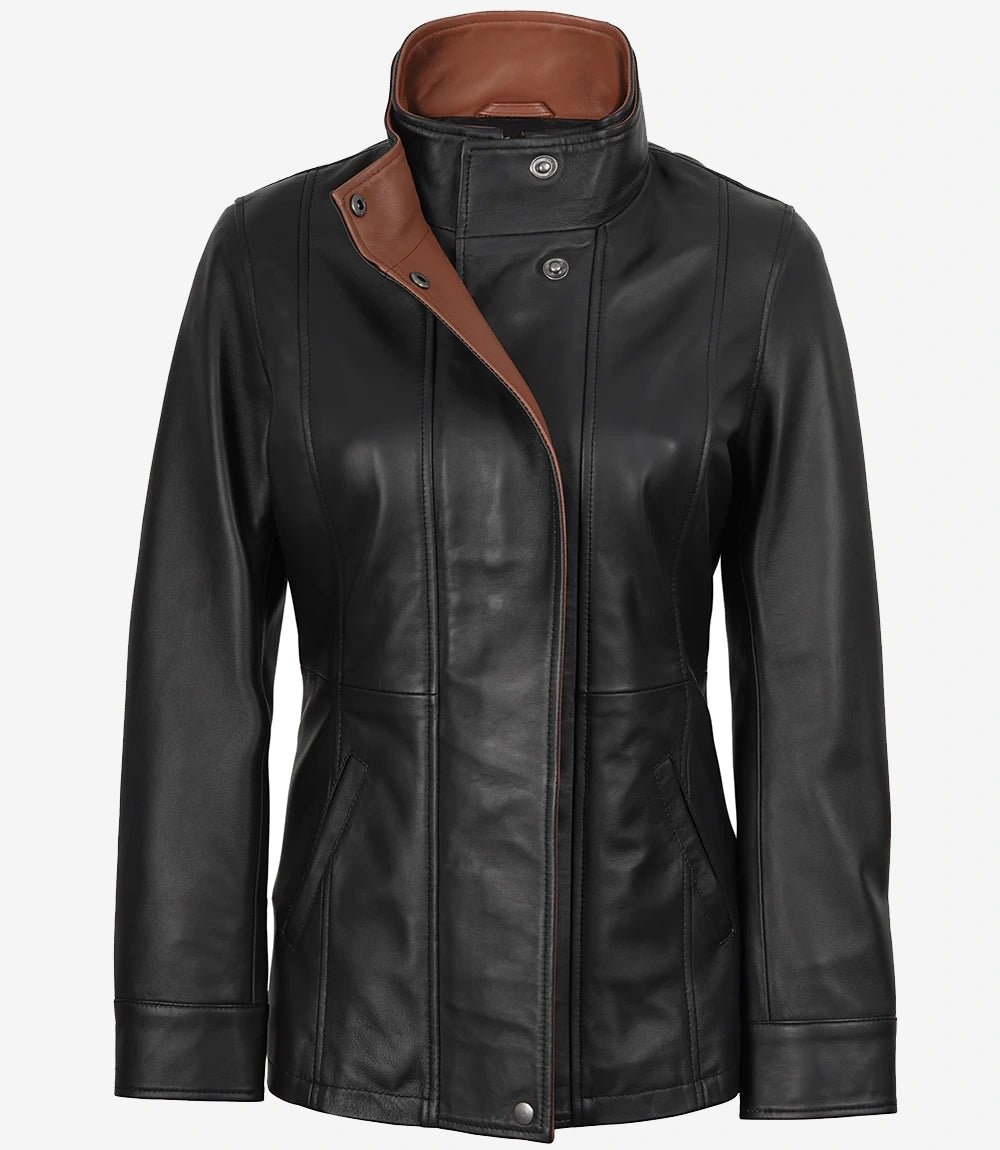 Women's Black Leather Jacket with Brown Contrast Collar - Image 3