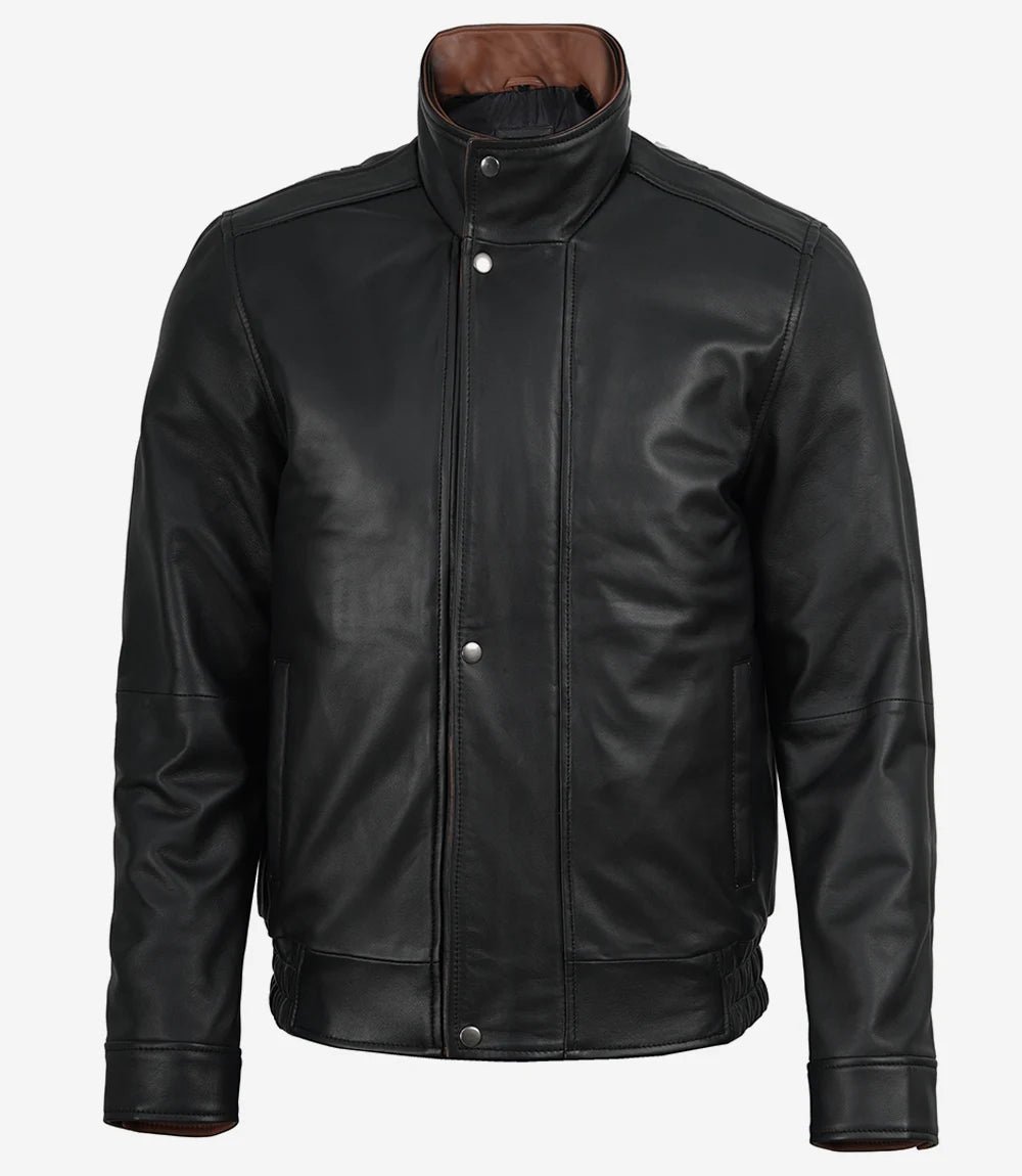 Men's Black Leather Bomber Jacket - Image 4