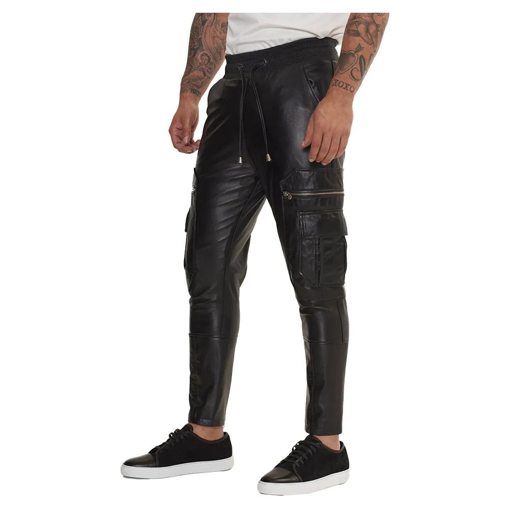 Men’s Black Cargo Leather Jogger Pants - Image 3