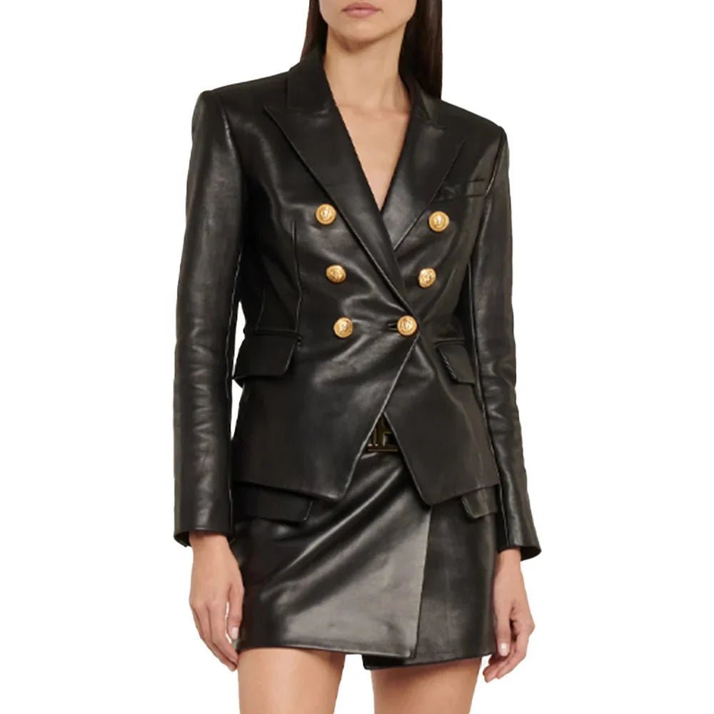 Womens Kim Double Breasted Black Leather Blazer - Image 4