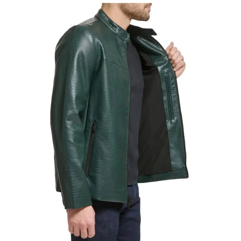 Men's Green Quilted Croco Style Cafe Racer Leather Jacket - Image 3
