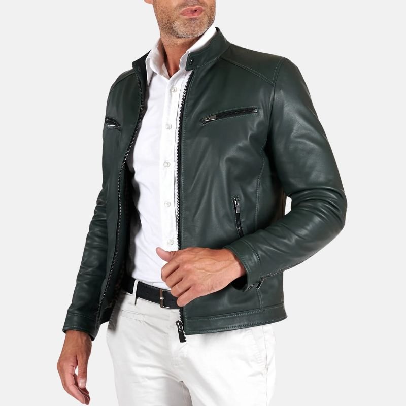 Men’s Dark Green Leather Bomber Jacket with Zip Pockets - Image 5