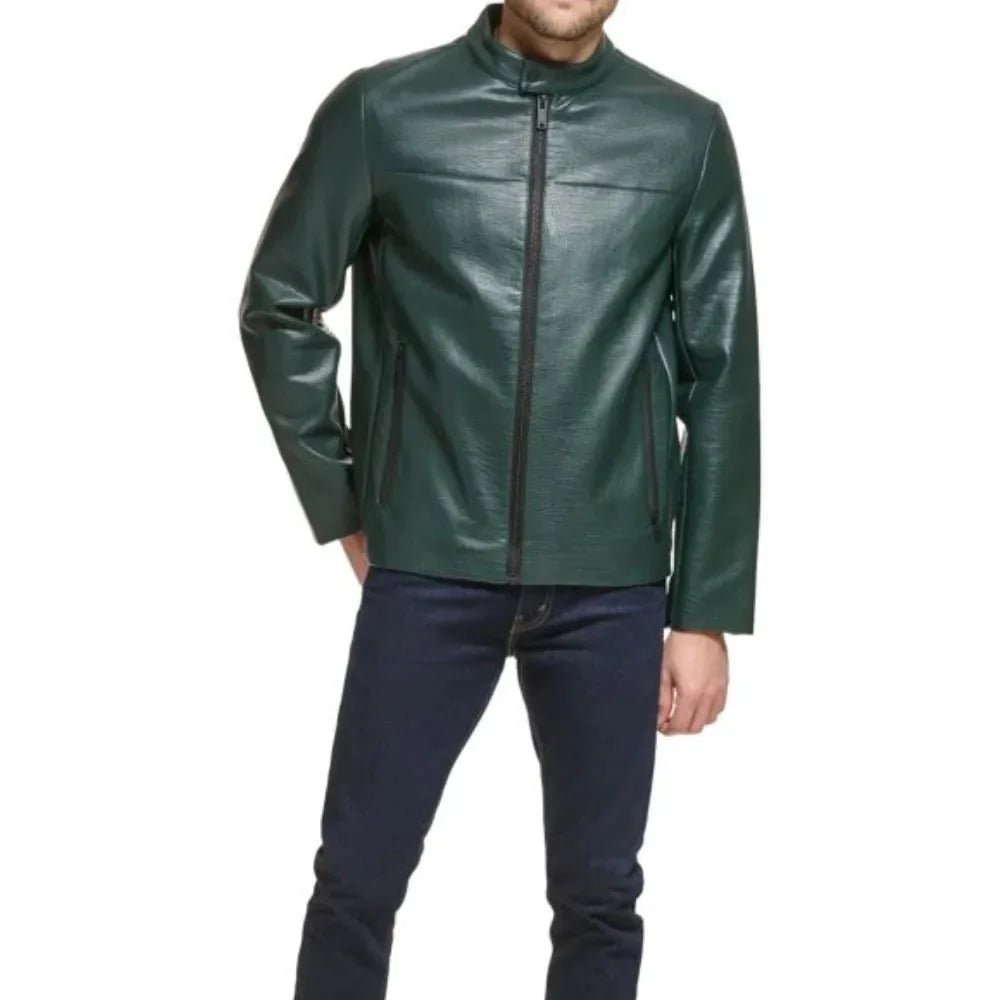 Men's Green Quilted Croco Style Cafe Racer Leather Jacket - Image 4