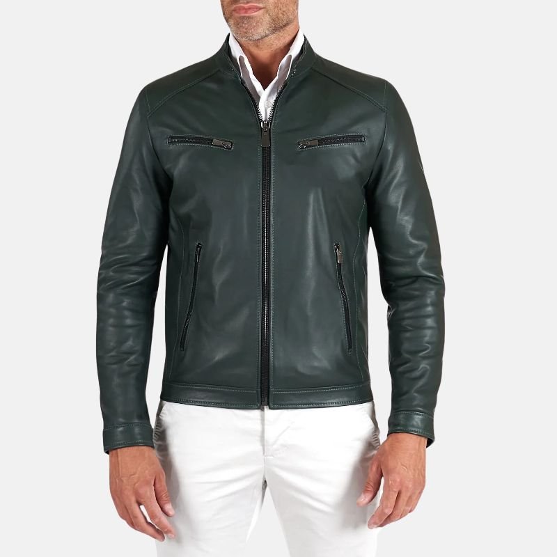 Men’s Dark Green Leather Bomber Jacket with Zip Pockets