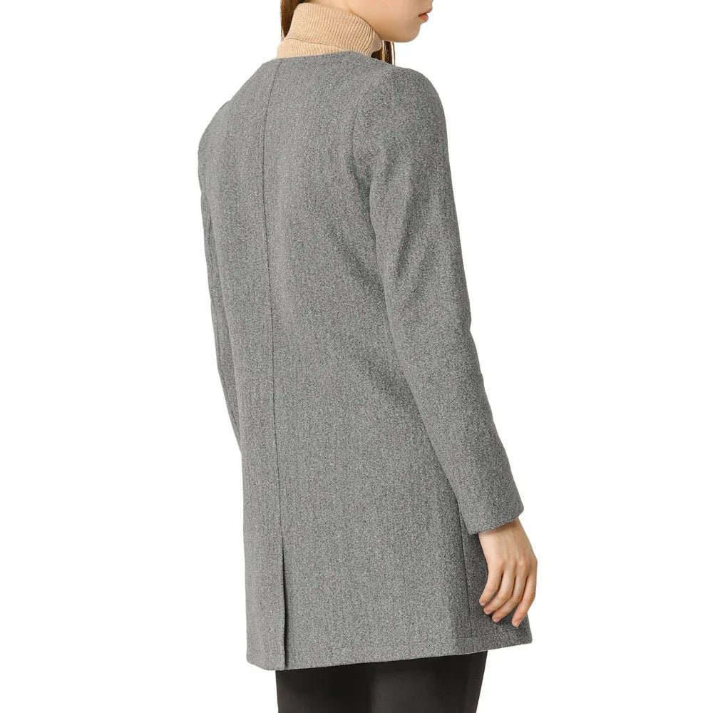 Womens Long Single Breasted Grey Wool Coat - Image 6