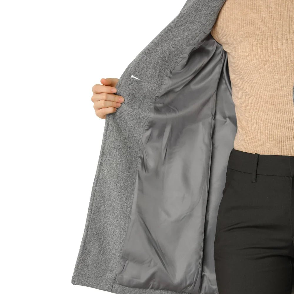 Womens Long Single Breasted Grey Wool Coat - Image 2