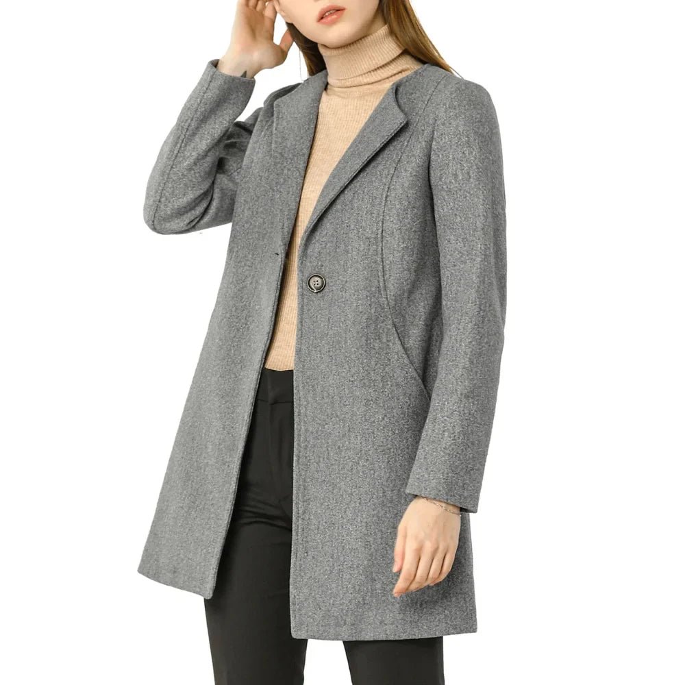 Womens Long Single Breasted Grey Wool Coat - Image 3