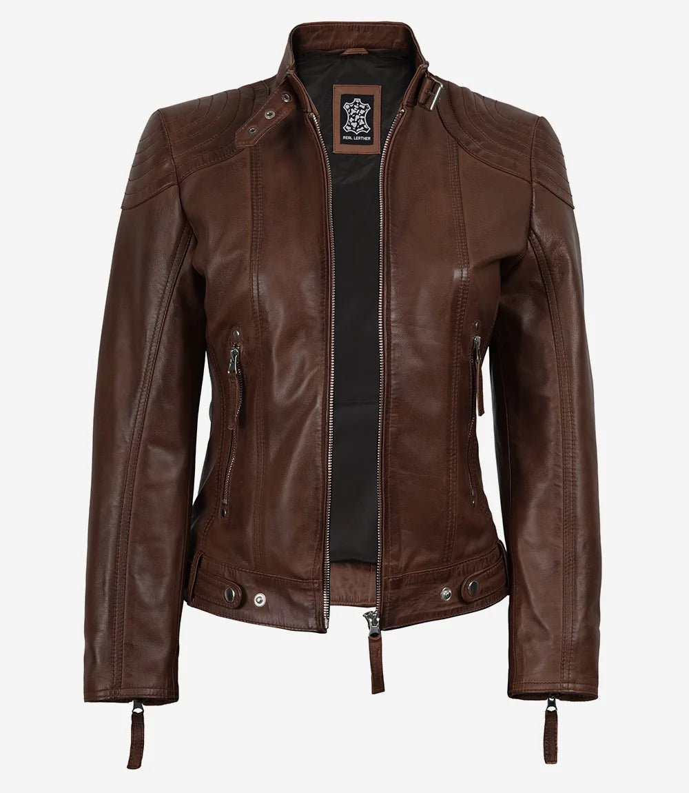 Women's Cognac Brown Real Leather Jacket With Removable Hood - Image 3