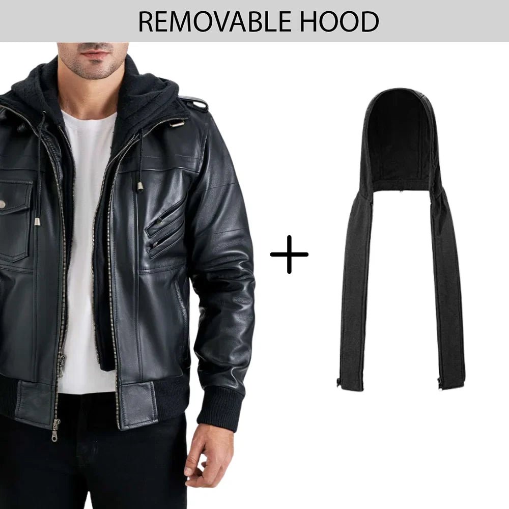 Men’s Black Lambskin Leather Jacket with Hood - Image 6