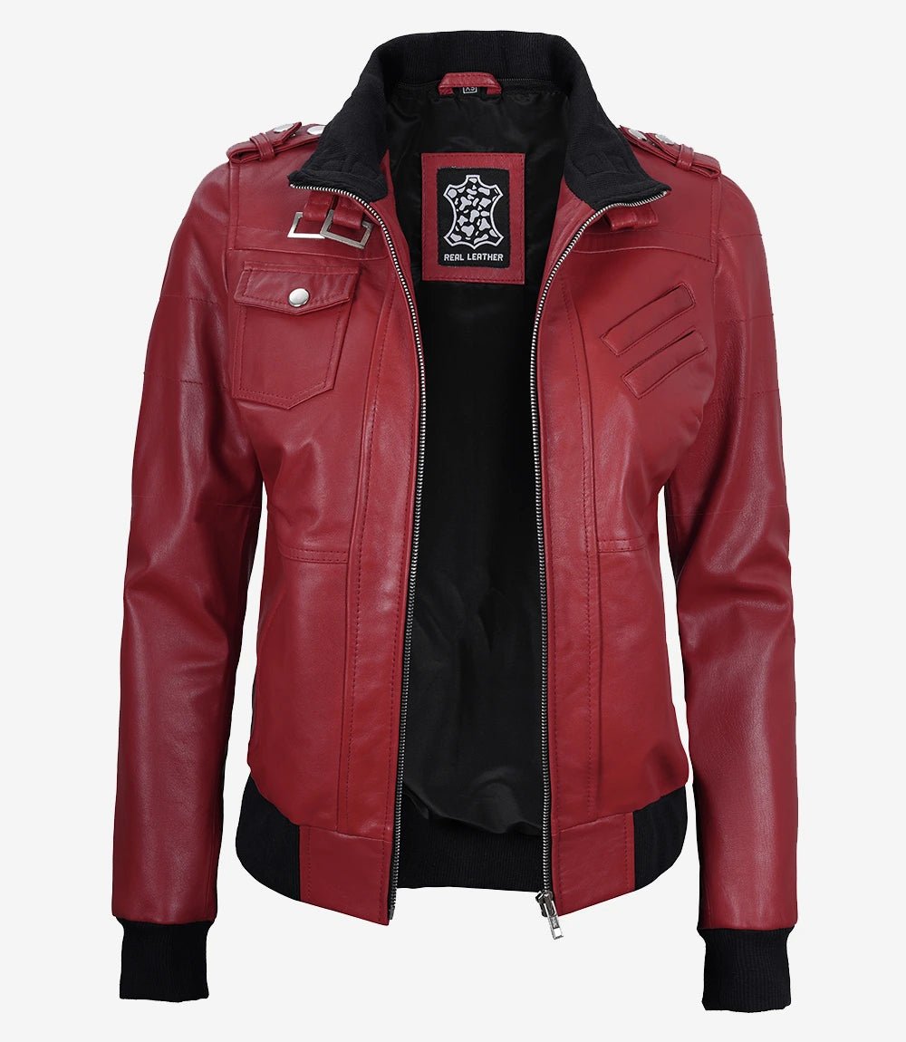 Women's Red Lambskin Jacket with Removable Hood - Image 3