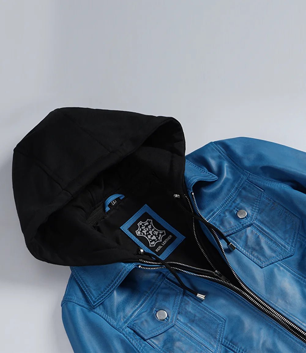 Women's Vivid Blue Lambskin Leather Jacket - Removable Hood - Image 10