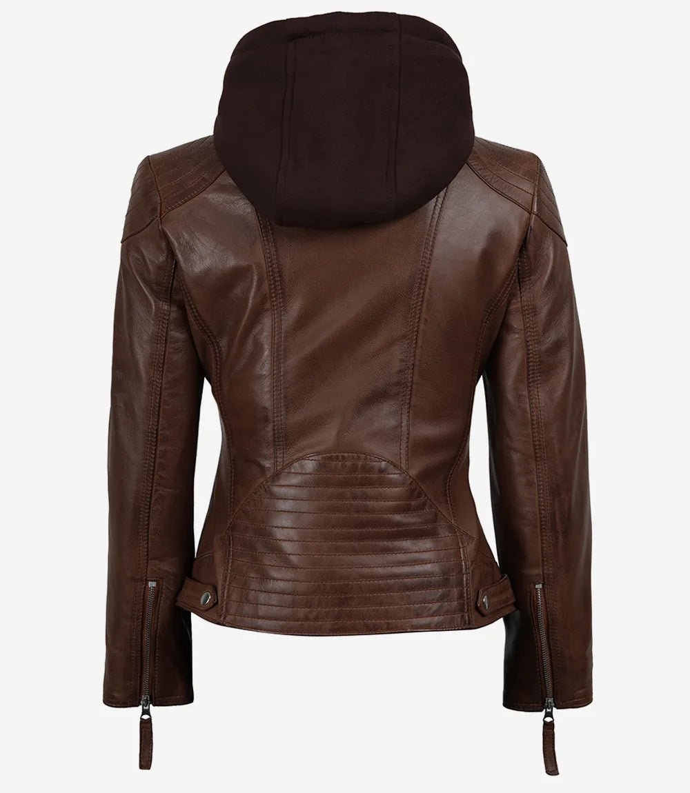 Women's Cognac Brown Real Leather Jacket With Removable Hood - Image 2