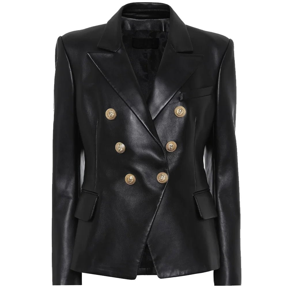 Womens Kim Double Breasted Black Leather Blazer
