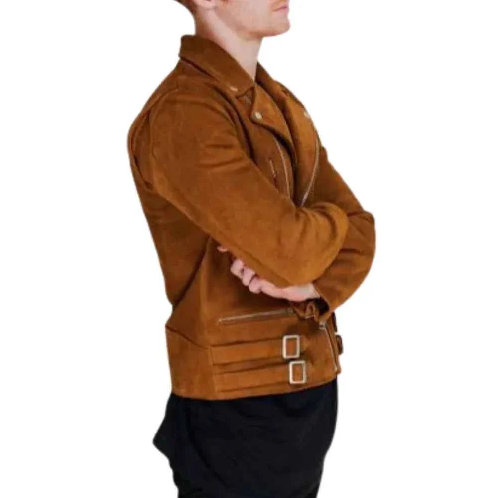 Men's Brown Moto Suede Leather Jacket - Image 4
