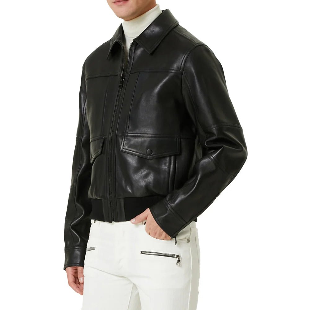 Men's Black Aviator Leather Bomber Jacket - Image 3