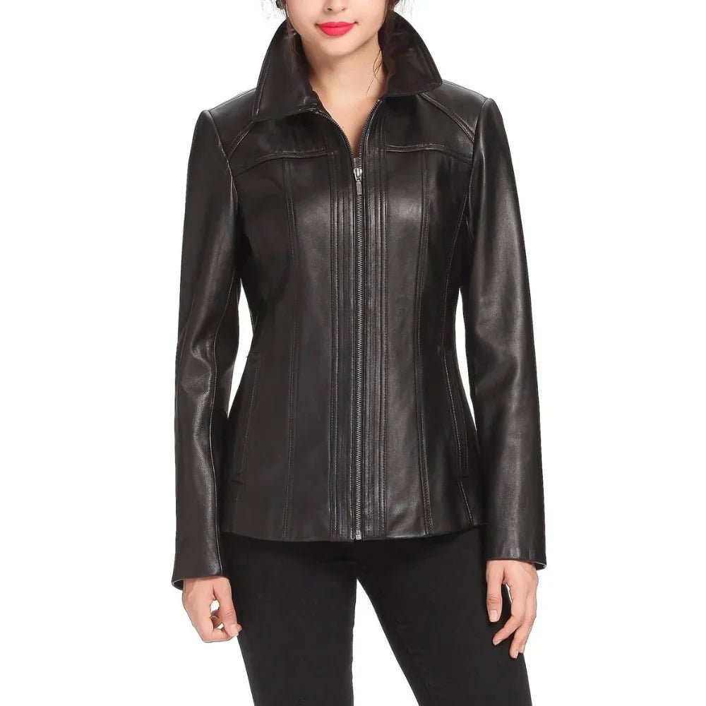 Women's Black Shirt Collar Zip Up Leather Jacket - Image 5