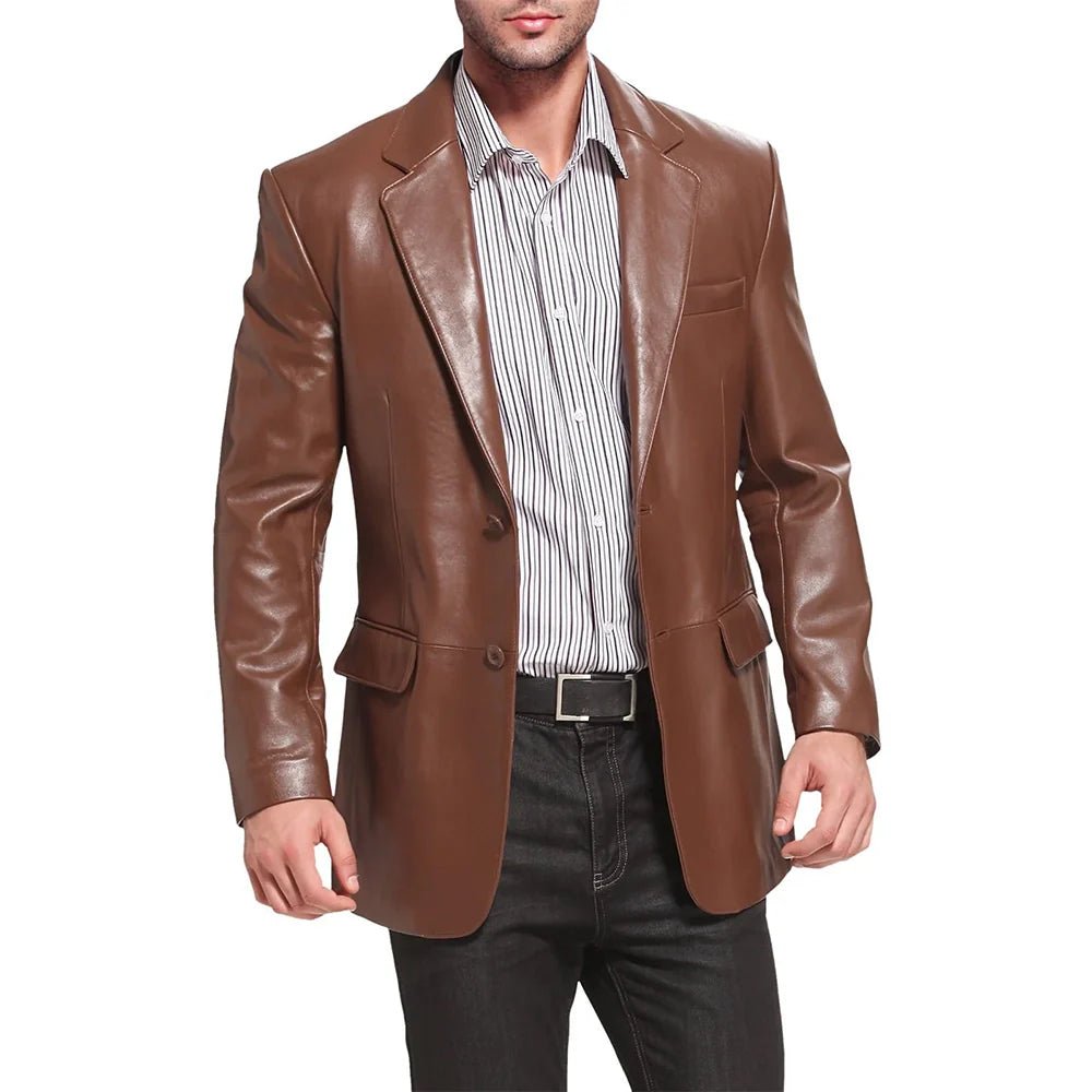 Men’s Brown Leather Blazer with Notch Lapel & Two Buttons - Image 4