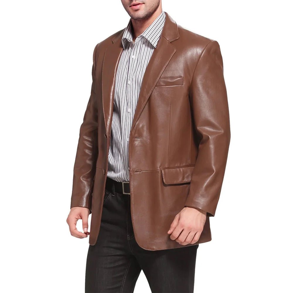 Men’s Brown Leather Blazer with Notch Lapel & Two Buttons - Image 2