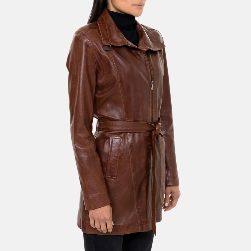 Womens Leather Belted 3/4 Length Brown Trench Coat - Image 3