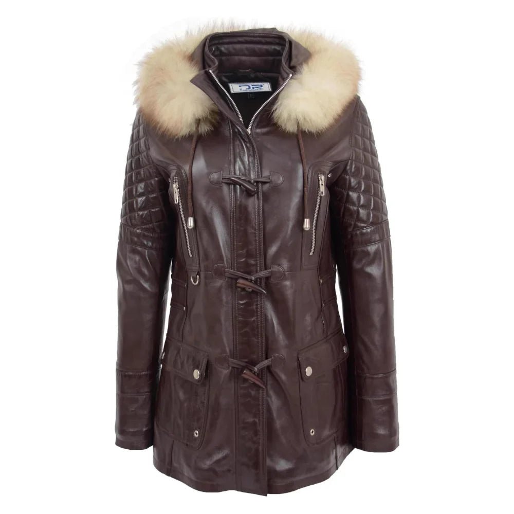 Women’s Ariel Brown Sheepskin Leather Duffle Coat with Removable Sherpa Hood - Image 2
