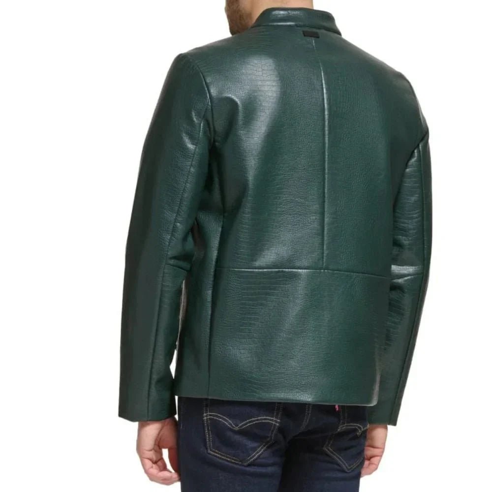 Men's Green Quilted Croco Style Cafe Racer Leather Jacket - Image 5