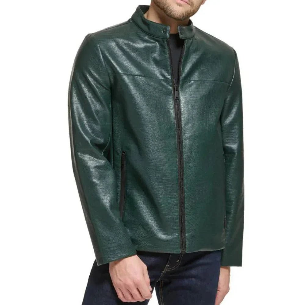 Men's Green Quilted Croco Style Cafe Racer Leather Jacket - Image 2
