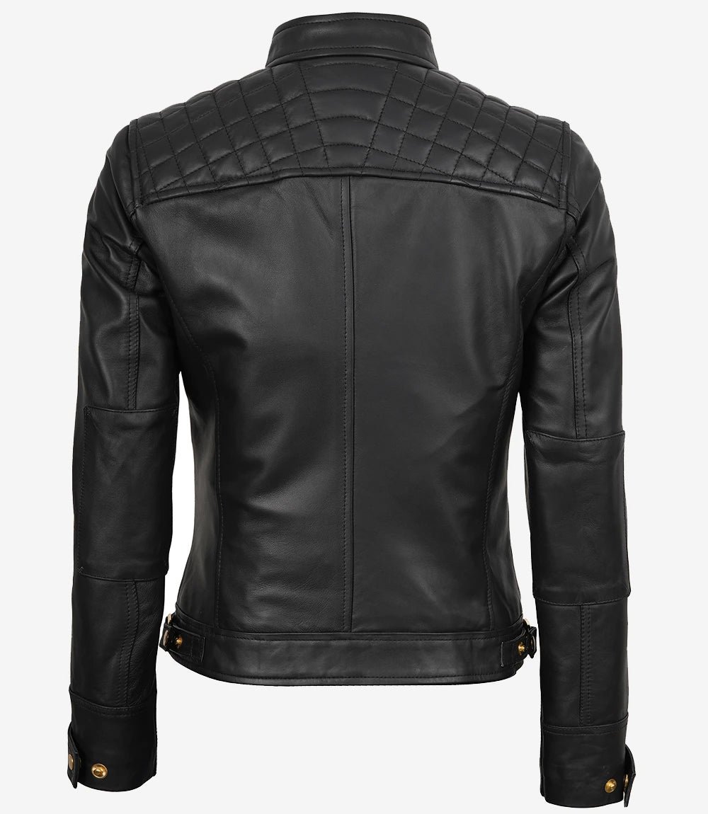 Women's Black Quilted Lambskin Biker Jacket — Gold Zippers & Snap Cuffs - Image 2