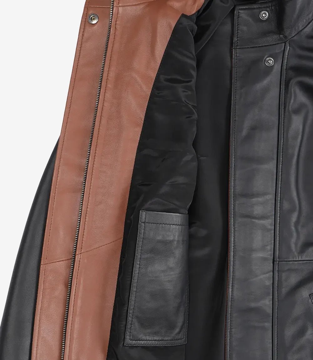 Women's Black Leather Jacket with Brown Contrast Collar - Image 7