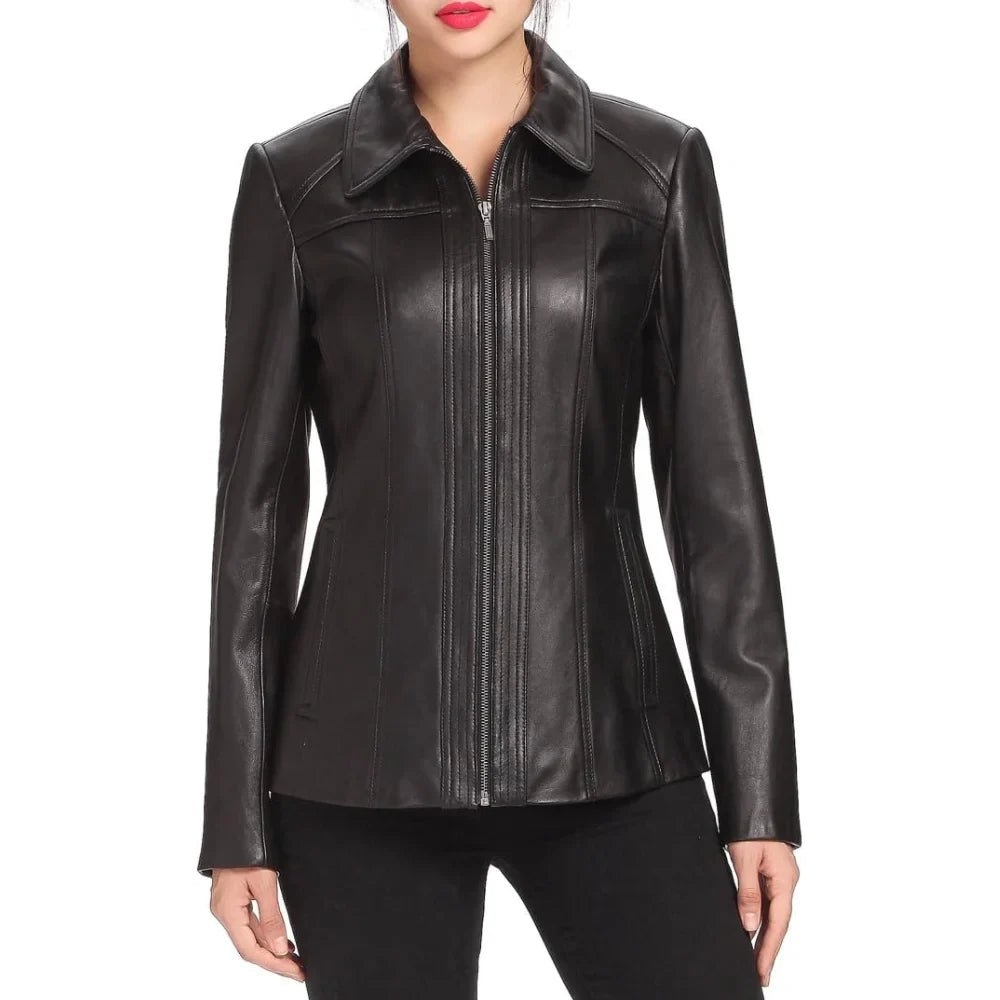 Women's Black Shirt Collar Zip Up Leather Jacket - Image 3
