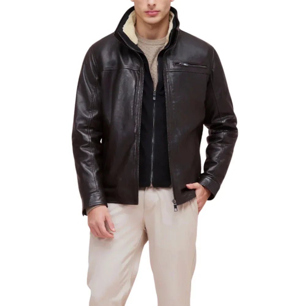 Men's Brown Leather Jacket Sherpa Collar - Removable Vest - Image 3