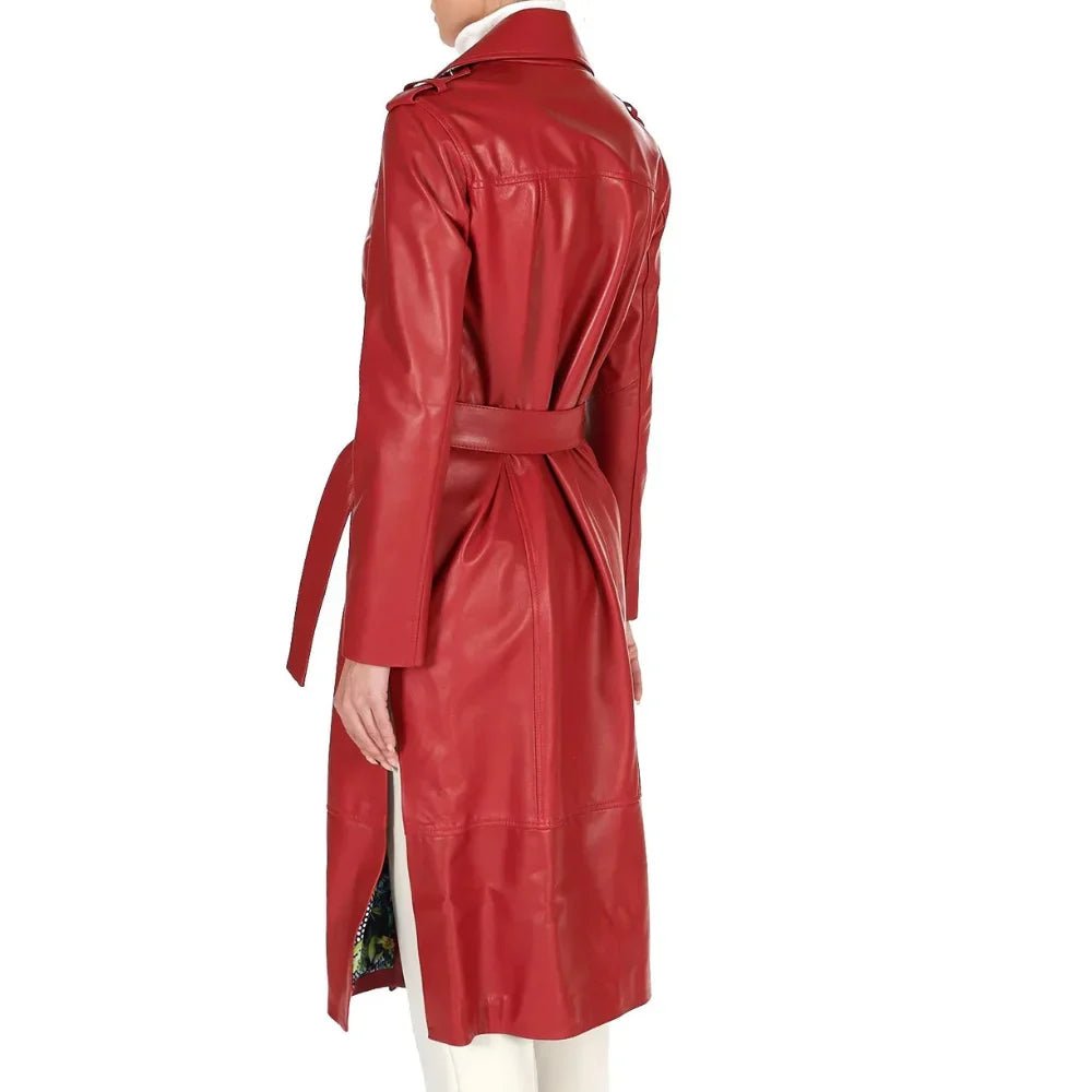 Women’s Red Double-Breasted Leather Coat - Image 5