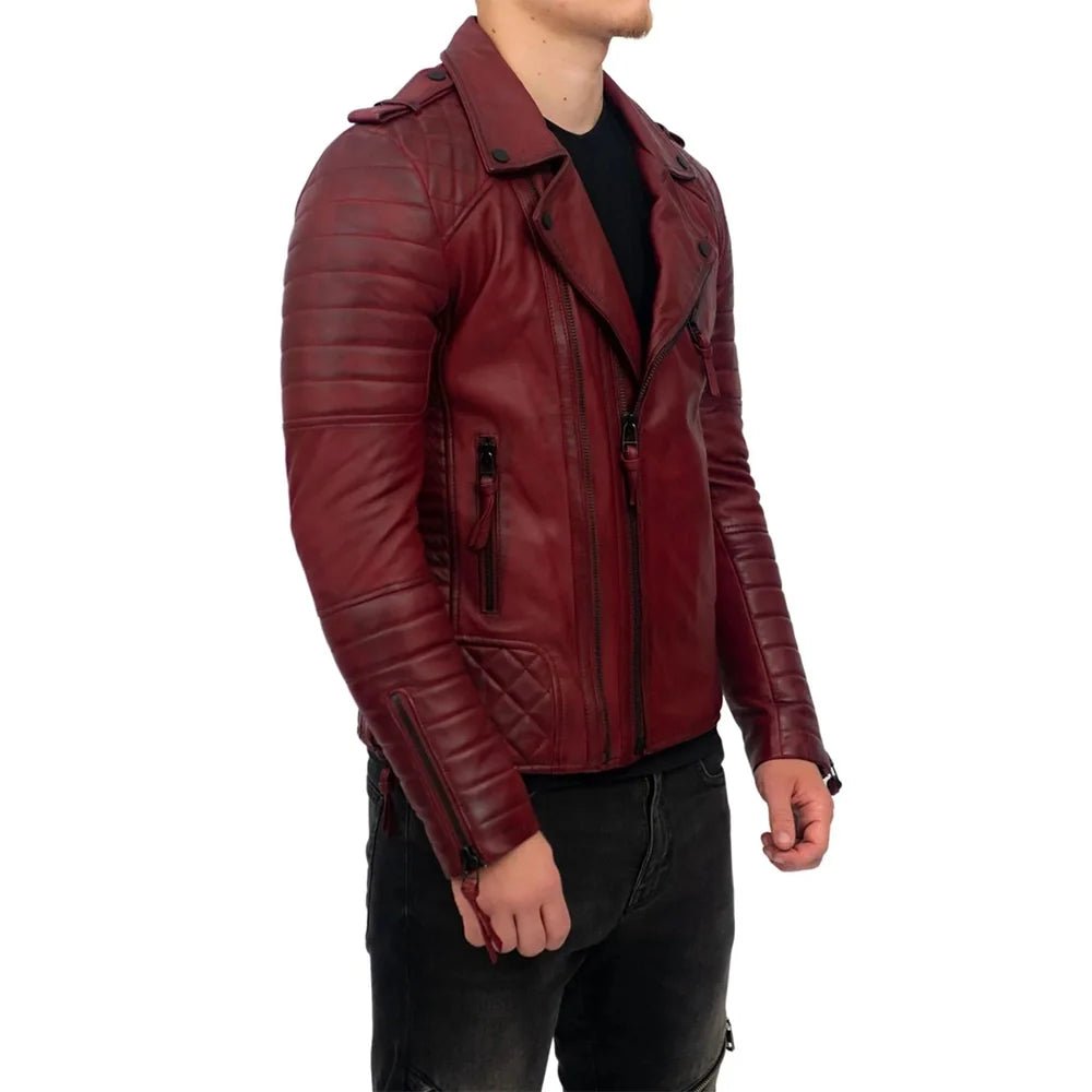 Men’s Burgundy Lambskin Brando Biker Jacket - Image 4
