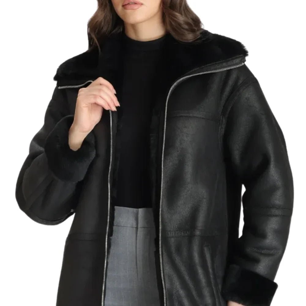 Women’s Full-Length Black Shearling Leather Coat – Ultimate Winter Warmth - Image 3