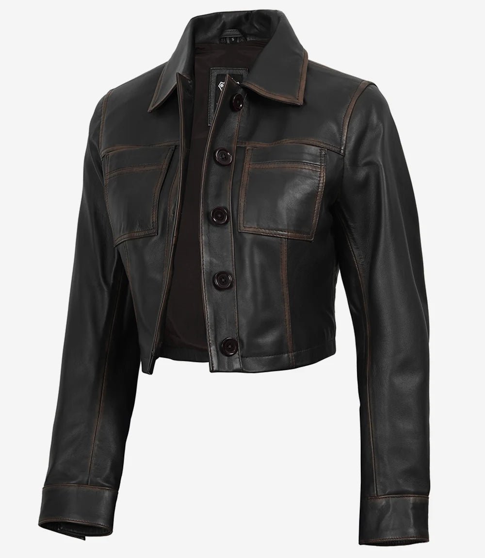 Women's Dark Brown Cropped Harrington Leather Jacket