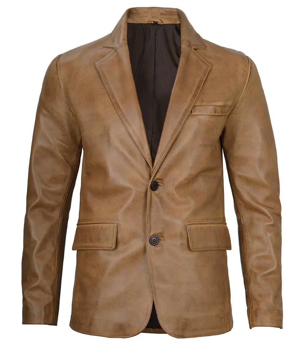 Men's Camel Brown Two-Button Leather Blazer - Image 3