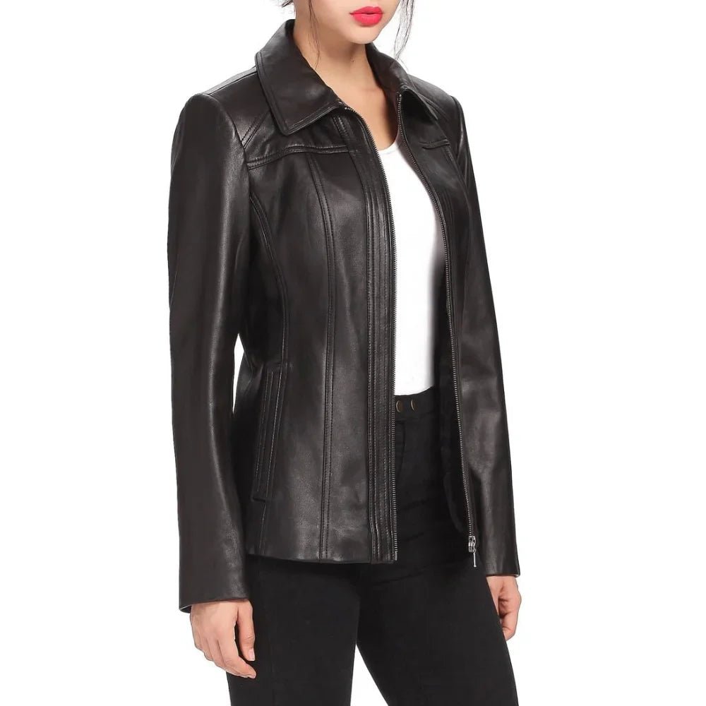 Women's Black Shirt Collar Zip Up Leather Jacket - Image 4