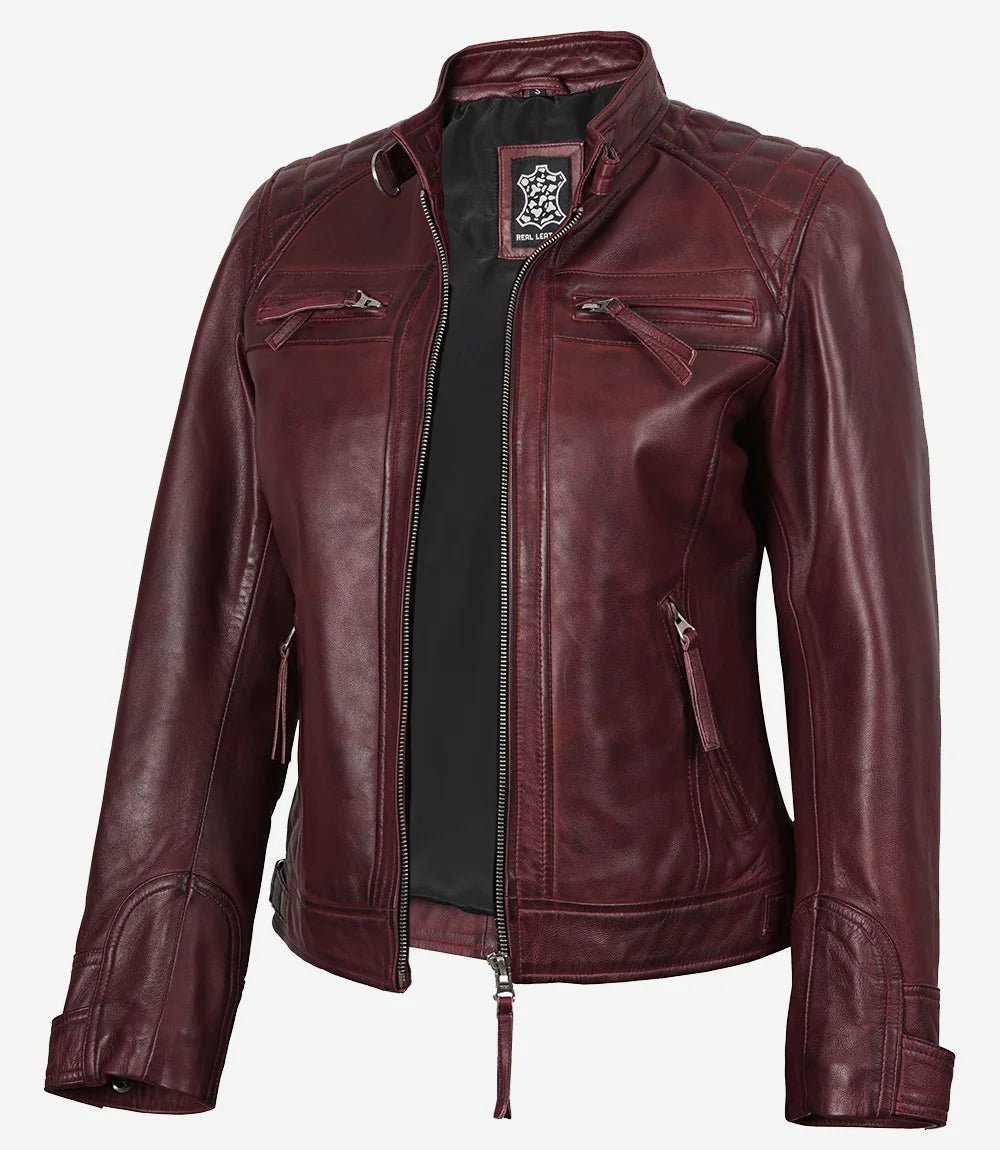 Johnson Women's Burgundy Quilted Cafe Racer Leather Jacket - Image 3
