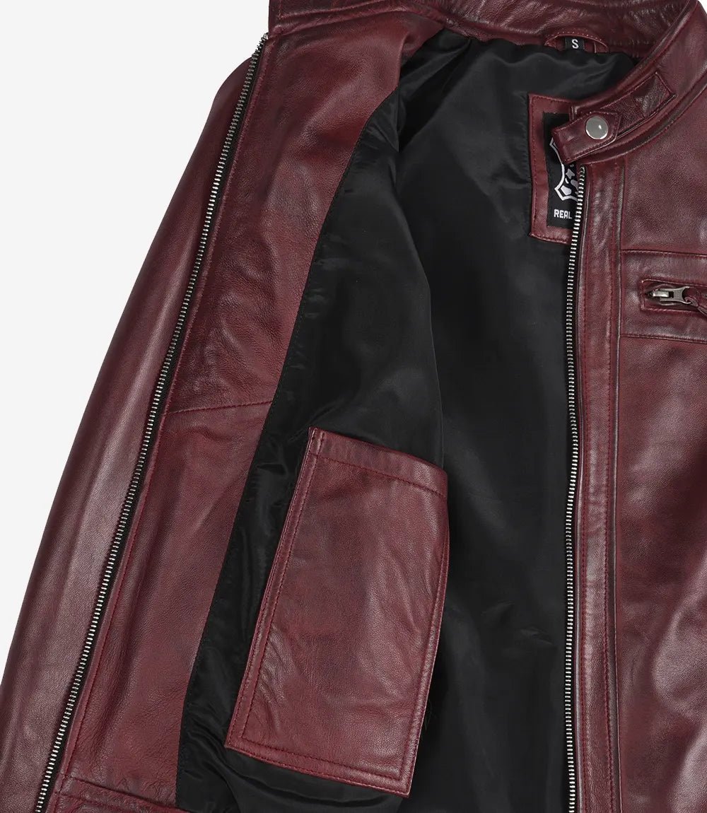 Johnson Women's Burgundy Quilted Cafe Racer Leather Jacket - Image 6